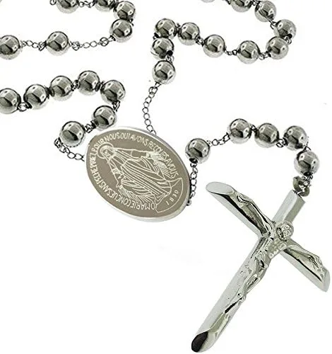 Miniatura 2 de Catholic - Collar de acero inoxidable con cuentas de rosario para hombre, bola de 0.315 in
