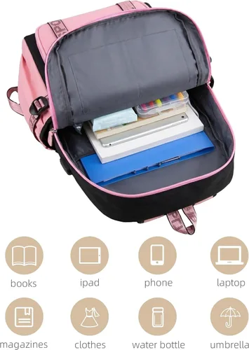 Miniatura 3 de Mochila de anime para niñas con puerto de carga USB 20L, mochila escolar para adolescentes, mochila grande para computadora portátil para viajes uso
