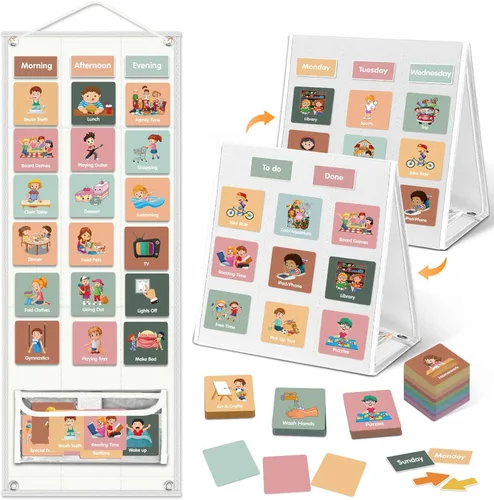 Miniatura 11 de Calendario visual para niños, 170 tarjetas visuales magnéticas y tablero magnético de tres pliegues, tabla de rutina diaria para autismo, TDAH