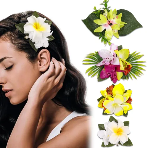 Miniatura 8 de Accesorios para el cabello de flores de plumeria hawaiana Ahoney para mujeres y niñas - 4 piezas de broches y horquillas de flores artificiales
