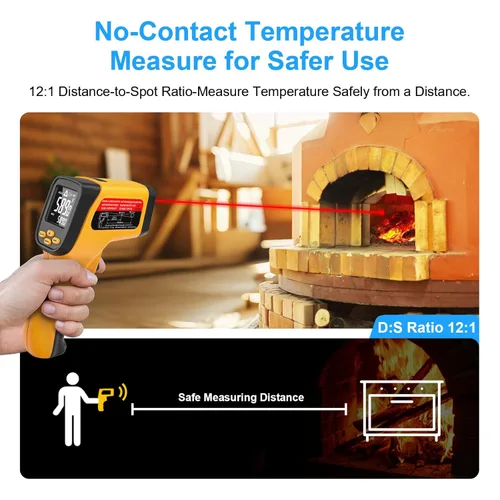 Miniatura 3 de Pistola termómetro infrarroja sin contacto, alta precisión -58°F a 1472°F, emisividad ajustable, termómetro IR con pantalla LCD retroiluminada
