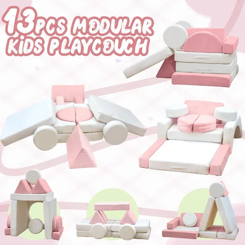 Miniatura 3 de Sofá modular de juego para niños de 13 piezas con funda de terciopelo lavable, sofá modular para niños y niñas, espuma convertible y cojín de suelo