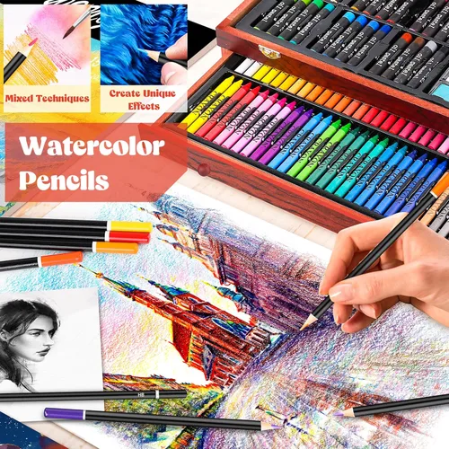 Miniatura 6 de Caliart Suministros de arte, paquete de 153 piezas de arte de lujo en estuche de madera, kits de pintura de dibujo para manualidades con 2 blocs