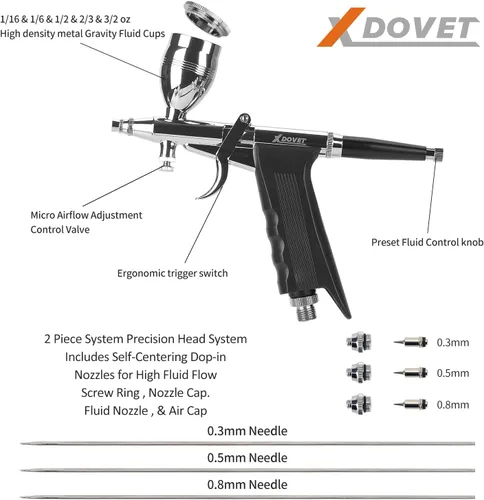 Miniatura 2 de XDOVET Kit de aerógrafo con gatillo de doble acción, juego de pintura de cepillo de aire con agujas de 0.012 in/0.020 in/0.031 in, taza de pintura