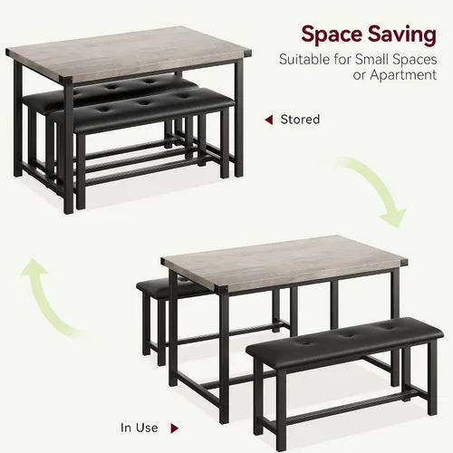 Miniatura 7 de Juego de mesa de comedor IDEALHOUSE para 4, mesa de cocina con banco tapizado, juego de mesa de comedor rectangular de 3 piezas con 2 bancos
