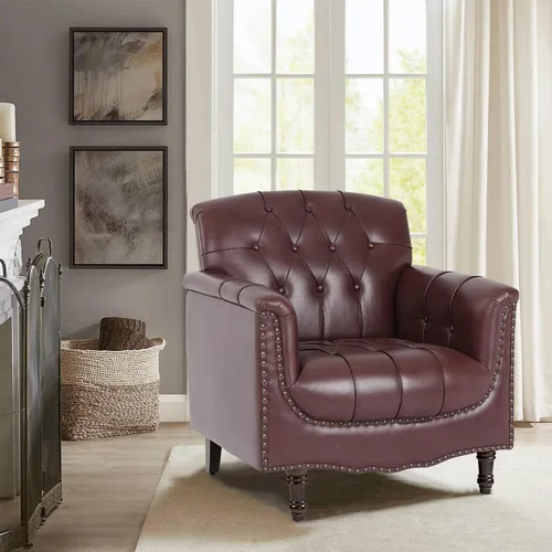 Miniatura 13 de Pia Ricco Silla decorativa moderna copetuda, sillón individual de piel sintética con ribete de cabeza de clavo y patas de madera, cómodo asiento