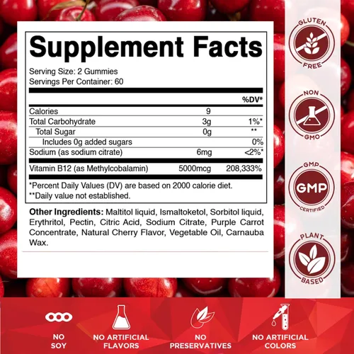 Miniatura 2 de Vitamatic Gomitas de vitamina B12 extra fuertes de 5000 mcg (metilo B12), 120 unidades, apoyo al metabolismo energético y apoyo a la salud