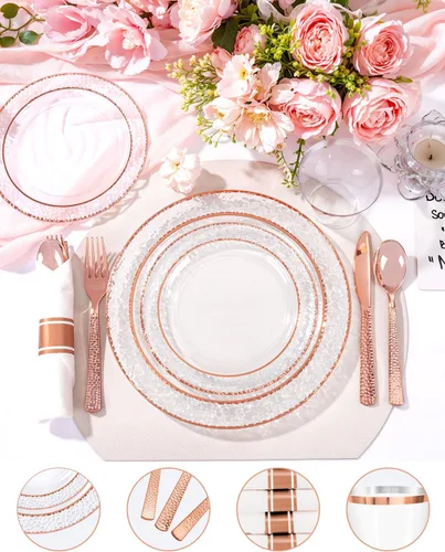 Miniatura 6 de Ciaell 350 platos de plástico color oro rosa, platos desechables de oro rosa transparente con cubiertos de plástico que incluyen 100 platos, 150