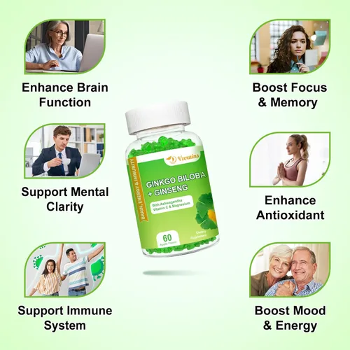 Miniatura 2 de Gomitas de ginkgo biloba de 240 mg con ginseng y magnesio, suplementos de ginko biloba gomitas para concentración cerebral, estado de ánimo