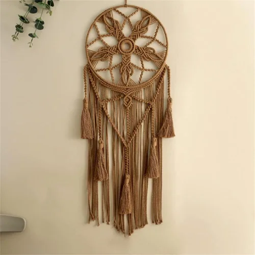 Miniatura 4 de Tapiz de atrapasueños, bohemio, macramé, tejido de algodón, hecho a mano, arte bohemio con borlas, adorno para dormitorio, sala de estar, Marrón