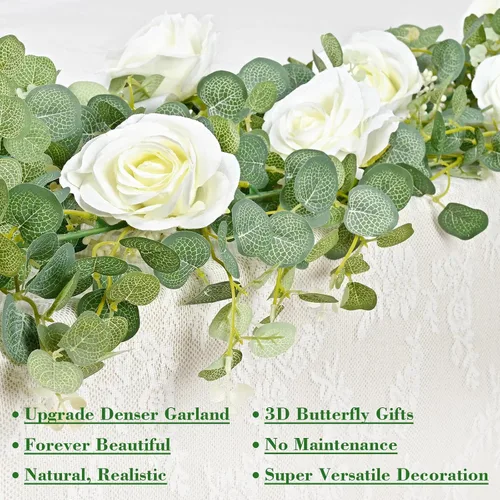 Miniatura 2 de Yastouay - Guirnalda de flores blancas de 6.4 pies con mariposas, guirnalda artificial de eucalipto con flores, vid de rosa falsa para centro