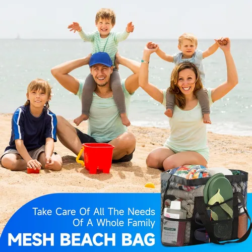 Miniatura 6 de Bolsa de playa de malla, bolsa de playa para mujer, impermeable, a prueba de arena, con bolsa de maquillaje de malla, artículos esenciales
