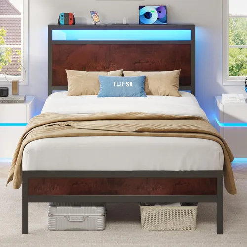 Miniatura 11 de Fluest Base de cama Queen con cabecero y estribo, marco de cama con estación de carga integrada y luz LED, estante de almacenamiento, sin ruido,