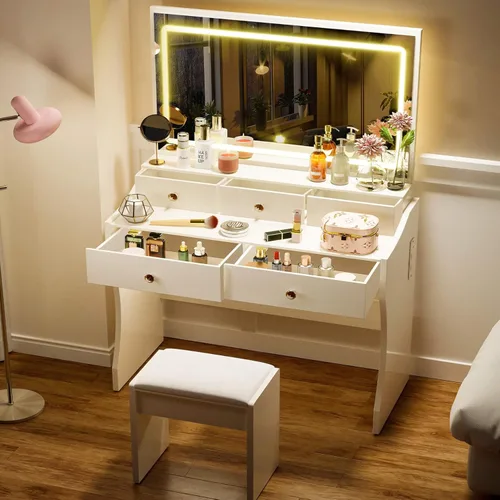 Miniatura 11 de COMHOMA Vanity Desk with LED Lights Mirror & Power Outlet, Small Makeup Vanity Table Set with 5 Storage Drawers, 3 Lighting Modes & Adjustable
