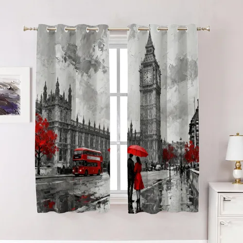 Miniatura 140 de Cortinas opacas de cocina con pintura al óleo de Europa rosa y negra para ventanas, cenefas opacas modernas de torre Eiffel de poliéster multicapa