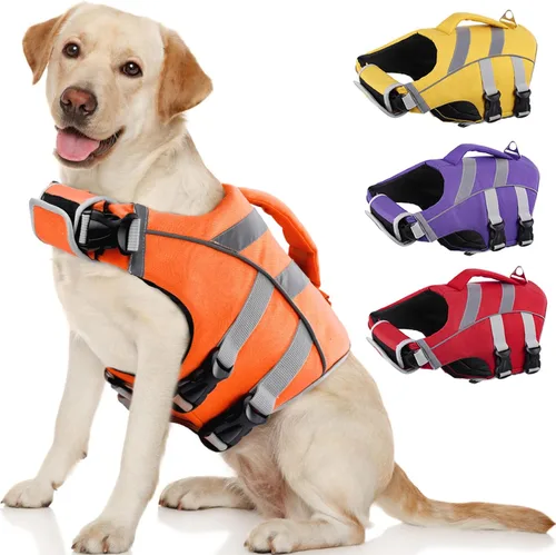 Miniatura 18 de Kuoser Chaleco salvavidas para perros con rayas reflectantes, chaleco salvavidas ajustable para mascotas con alta flotación, traje de baño