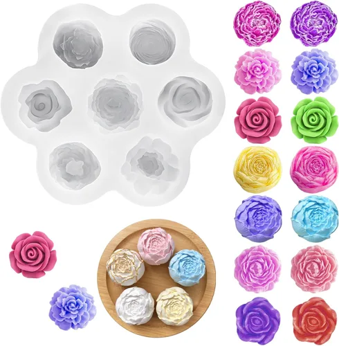 Moldes de silicona para 7 cavidades, moldes para velas de flores de rosas, molde de fondant de peonía para gelatina, chocolate, mousse, decoración