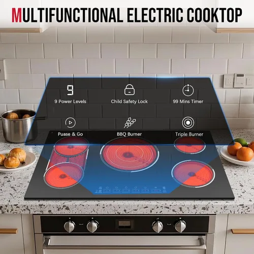 Miniatura 3 de Placa de cocina eléctrica de 5 quemadores, estufa eléctrica de 36 pulgadas 9600W, placa de cerámica incorporada con quemador para barbacoa, control