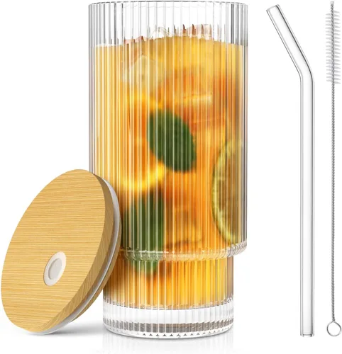Miniatura 10 de CWHHRN Juego de 4 tazas de vidrio acanalado de 16 onzas con tapas y pajitas, cristalería vintage para whisky, cóctel, cerveza, tazas de café helado