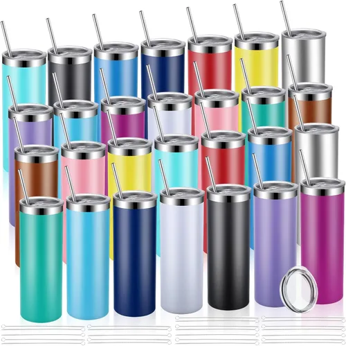 Remagr Vasos delgados a granel de 20 oz de acero inoxidable con tapas y popotes, vasos delgados aislados de doble capa para agua en color claro,