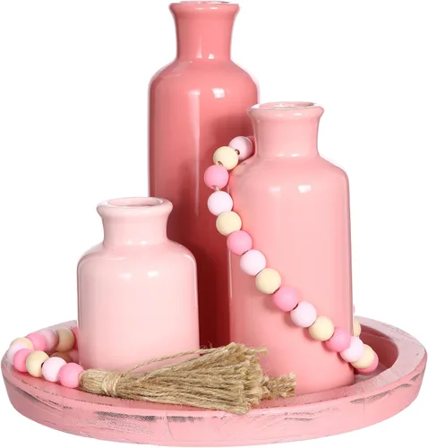 Miniatura 12 de Juego de 5 piezas de centros de mesa rústicos de mesa, juego de 3 jarrones de cerámica boho con bandeja de madera para servir cuentas de madera