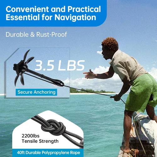 Miniatura 2 de Alpinista Anclaje de kayak, kit de anclaje plegable portátil de 3.5 libras con cuerda marina de 40 pies para kayak, canoas, pesca y accesorios