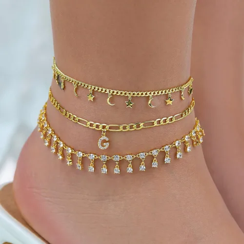 Miniatura 4 de Tobillera de oro para mujer, chapada en oro de 18 quilates, cadena de la suerte con estrella de la suerte para mujer, tobillera impermeable