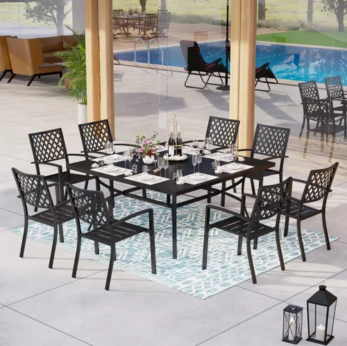 Miniatura 2 de MFSTUDIO Juego de comedor al aire libre para 8, juego de mesa y sillas de metal para patio, juego de muebles de patio de 9 piezas, juego de comedor
