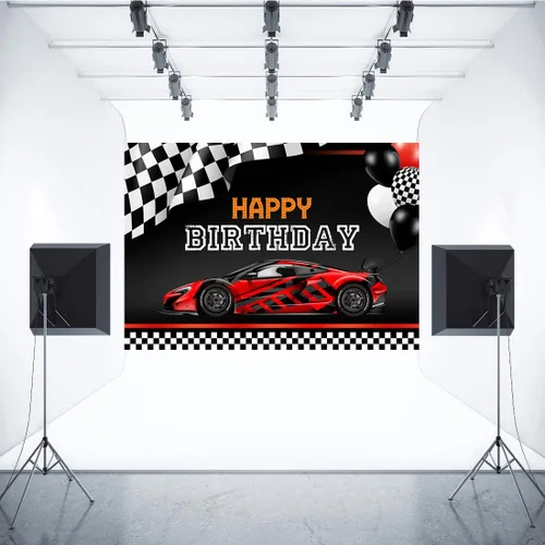 Miniatura 4 de Telón de fondo de feliz cumpleaños para fotografía de auto de carreras de 7 x 5 pies, color rojo fresco, fondo de fotos de auto, banderas, fondos