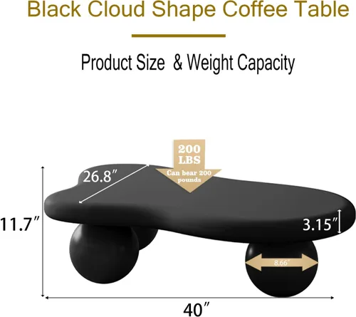 Miniatura 2 de Mesa de café irregular de 40" en forma de nube asimétrica Mesa de té de centro bajo con 3 patas esféricas para sala de estar, oficina, apartamento