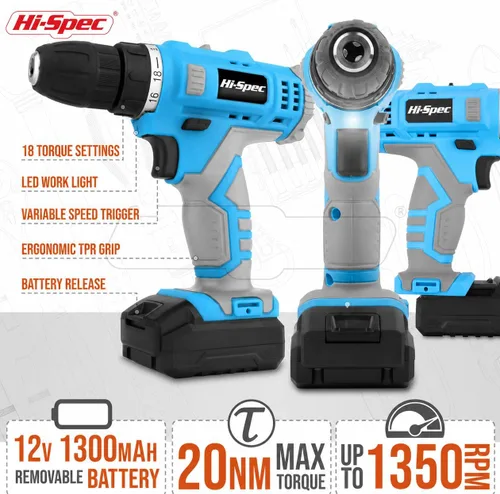 Miniatura 3 de Hi-Spec Juego de taladro inalámbrico de 50 piezas de 12 V en una caja de herramientas. Incluye batería recargable, puntas de destornillador