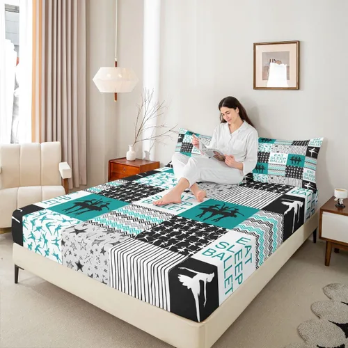 Miniatura 3 de Sábana bajera ajustable de ballet para niñas, juego de ropa de cama de ballet para danza de ballet, sábanas de cama con rayas geométricas onduladas