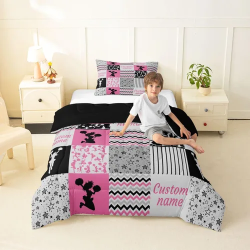 Miniatura 24 de Juego de edredón de softbol personalizado, juego de ropa de cama de retazos a cuadros para niños y niños, edredón de bate de béisbol, juego