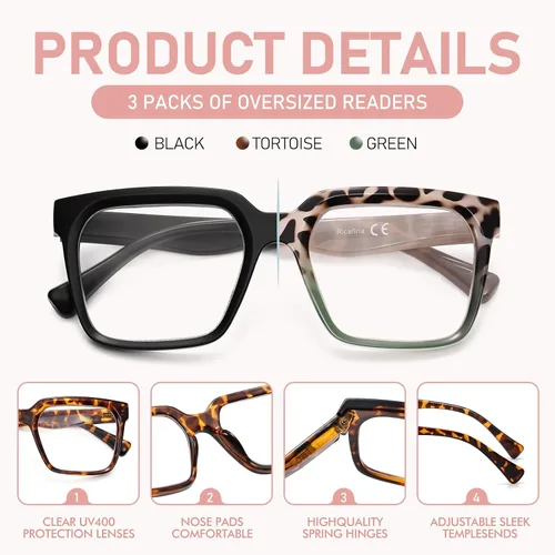 Miniatura 4 de Gafas de Lectura de Gran Tamaño para Mujer, Estilo Oprah, con Bloqueo de Luz Azul, para Computadora, Diseño de Dama, Marco Grande Cuadrado
