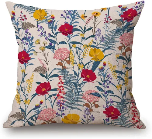 Miniatura 33 de Solekla Funda de almohada cuadrada de lino y algodón con flores blancas y negras, funda de cojín decorativa para sofá de 18 x 18 pulgadas Sl157