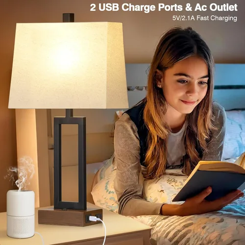 Miniatura 2 de Rinweey Juego de 2 lámparas de mesa de 23.5 pulgadas, modernas lámparas de noche negras con 2 puertos USB y salida de CA, lámparas de mesita