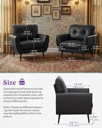 Miniatura 2 de TYBOATLE Juego de 2 sillas de acento, cómodas sillas modernas de sala de estar de cuero negro para lectura, sillas de acento tapizadas