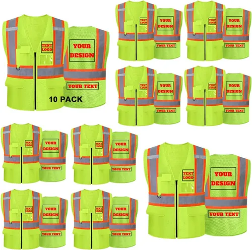 Miniatura 7 de Chaleco de seguridad reflectante de malla con logotipo personalizado Clase 2 con 5 bolsillos y cremallera Amarillo-5pack