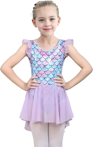 Miniatura 4 de iLover Vestido de leotardo clásico con mangas con volantes para niñas, para danza, gimnasia y ballet