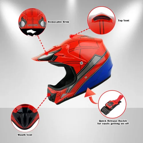 Miniatura 4 de WOW Casco de motocross para jóvenes, casco MX BMX, tela de araña, gafas + guantes negros de araña marciana, paquete HJOY-W MG