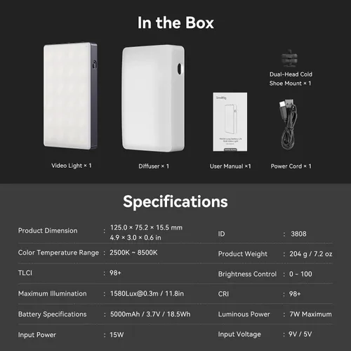 Miniatura 9 de SmallRig RM120 Luz de Vídeo RGB, 5000mAh 180 Minutos Luz de Cámara Portátil 7W de Potencia de Salida, Panel de Luz de Vídeo LED, 2500-8500K CRI TLCI