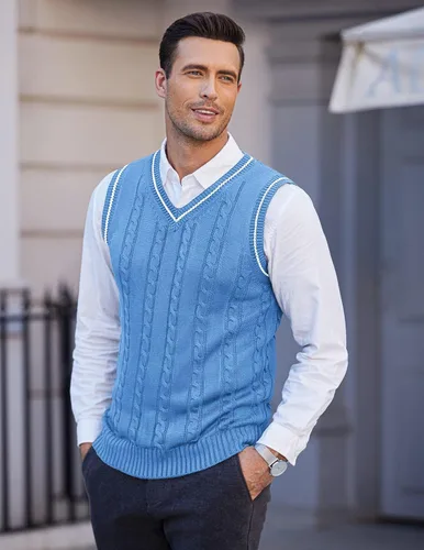 Miniatura 3 de COOFANDY Suéter para hombre, cuello en V, ajustado, casual, sin mangas, tejido trenzado