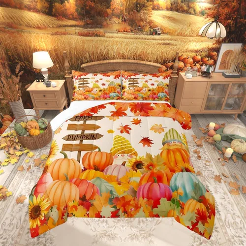 Castle Fairy Juego de edredón de calabaza, hojas de arce para niños, niñas, mujeres, adultos, escena de otoño, casa de campo, edredón acolchado para