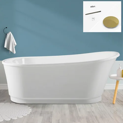 Miniatura 27 de FerdY Langkawi - Bañera independiente de acrílico de 59 pulgadas, bañera de remojo sola moderna blanca, certificado cUPC, drenaje dorado cepillado