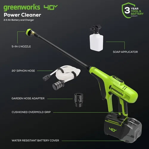 Miniatura 2 de Greenworks Limpiador de Alta Presión de 40V (600 PSI 0.8 GPM), Batería de 2Ah USB y Cargador Incluidos