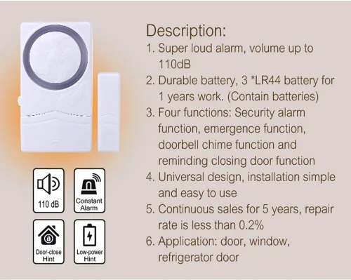Miniatura 4 de Alarma antirrobo inalámbrica de seguridad para el hogar, sensor magnético, alarma de ventana de puerta, súper fuerte 110 dB, alarma de puerta