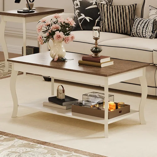 Miniatura 7 de ChooChoo Mesa auxiliar, mesa central rústica con patas curvas y estante de almacenamiento, mesa de centro de 39 pulgadas para sala de estar, blanco