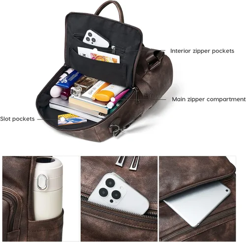 Miniatura 53 de OPAGE - Mochila de cuero para mujer, con borla de moda, bolso de hombro, mochila grande, bolsa de viaje, gris, L