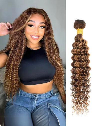 Miniatura 31 de P4/27 Cabello Humano Solitario de Onda Profunda con Reflejos Rubios Miel, 12A 100% Tejido Brasileño Virgen Ondulado Grueso con Mechas Ombre Marrón