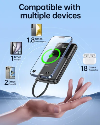 Miniatura 3 de RONEGN Cargador portátil con cable integrado, cargador de batería de carga rápida USB C, pantalla LED de 10000 mAh, 5 salidas y 3 entradas